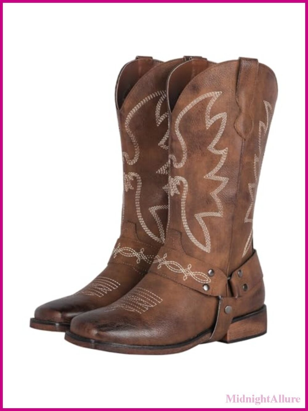 Wide Calf Cowboy Boots Square Toe Faux Leather Buckle Strap